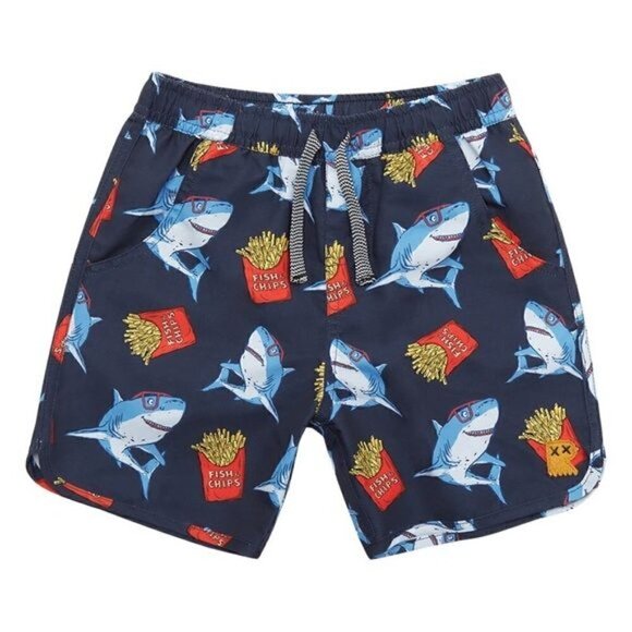 NWT Broken Threads Surf Navy Blue Great White Sharks French Fries Swim Trunks M - Picture 1 of 7
